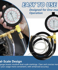 Installed view of fuel injection pressure tester kit with 0-140 PSI gauge, brass fittings and coiled hoses