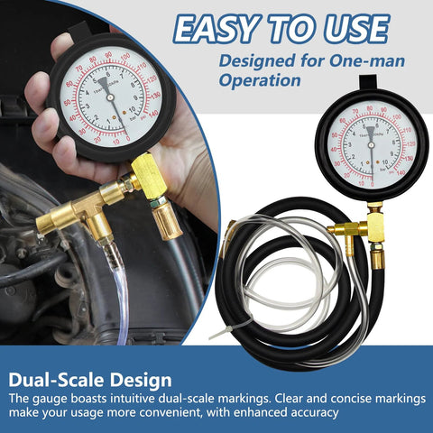 Installed view of fuel injection pressure tester kit with 0-140 PSI gauge, brass fittings and coiled hoses