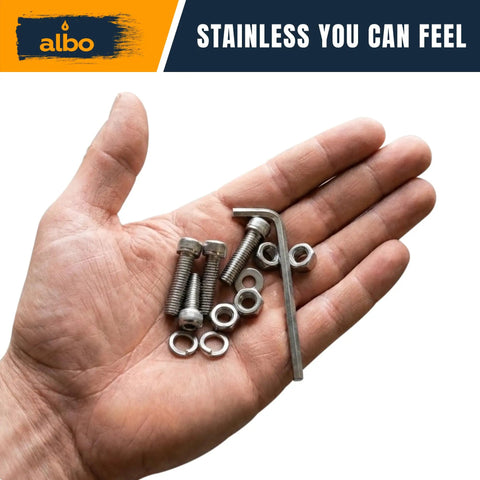 Rust Proof 304 Stainless Steel Metric Screw Kit M2 To M5 With 1000 Pieces Hex Socket Cap Screws Nuts Flat And Spring Washers 4 Allen Keys Tweezers Organized Storage Box For Home Workshop And DIY held in hand with screws and Allen key visible