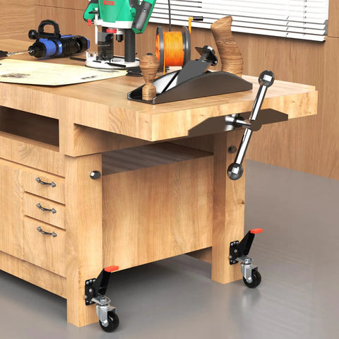 Workbench with Heavy Duty Retractable Workbench Casters Kit 720 Lb Capacity Side Mounted Wheels and pedal lift.