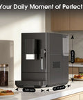 Hassle Free One Touch Automatic Espresso Machine With Built In Grinder And Manual Milk Frother dimensions and display on kitchen countertop.