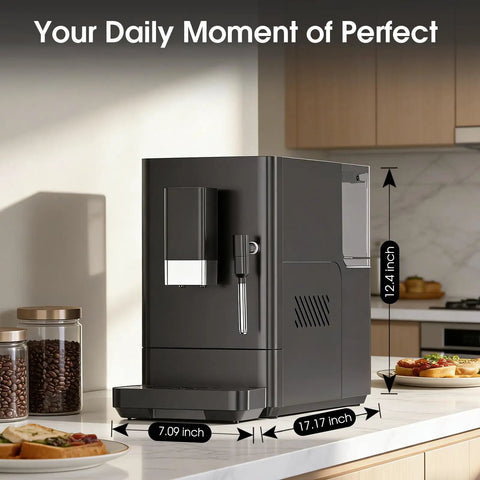 Hassle Free One Touch Automatic Espresso Machine With Built In Grinder And Manual Milk Frother dimensions and display on kitchen countertop.
