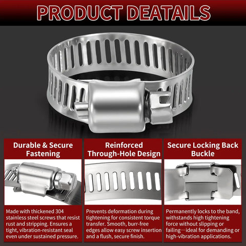 Close-up of 8-Pack Heavy Duty Stainless Steel Hose Clamps, Adjustable 0.6-1 Inch, showing worm gear and secure fastening design.