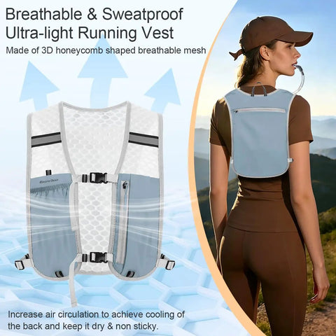 Lightweight 5L Hydration Vest For Men And Women, Reflective Running Backpack With Adjustable Chest Straps, rear view in scenic trail