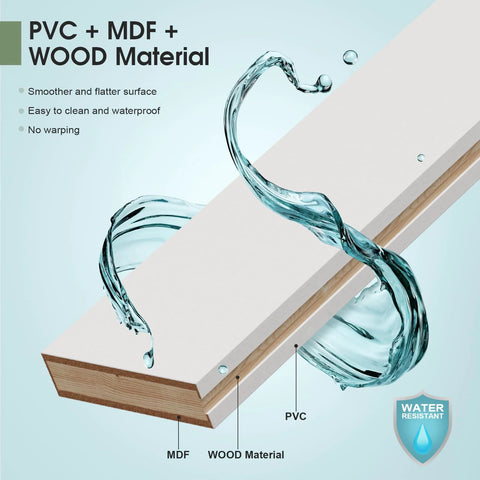 Cross-section of solid MDF wood slab with a PVC surface, showing water resistance, for a 36 Inch By 84 Inch Sliding Barn Door With Six Point Six Foot Hardware Kit And Handle Included Solid MDF Wood Slab Covered With Water Proof And Scratch Resistant PVC Surface Simple Do It Yourself Assembly Chevron Pattern.