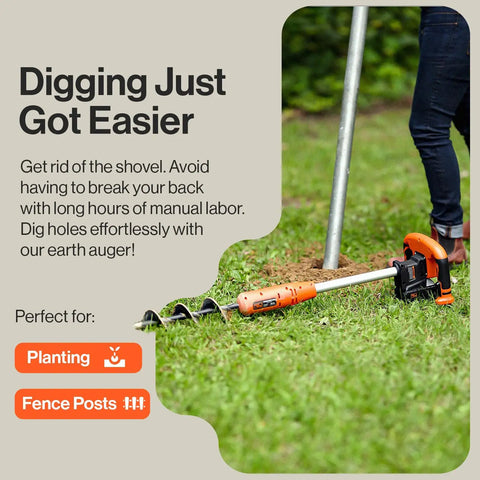 Cordless Earth Auger Power Head With 12 Inch By 3 Inch Auger Bit, 20V 4Ah Battery And Charger in use for post hole digging