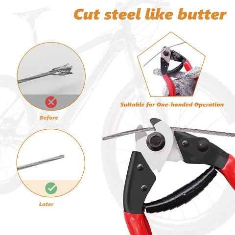 Universal Bike Brake Cable Kit And Housing Replacement Set With Stainless Steel Cable Cutter shown cutting cable