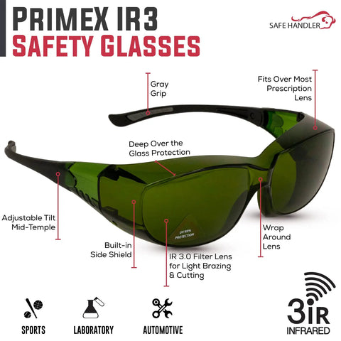 Built Tough Kickass IR3 Welding Safety Glasses With Anti Fog And Anti Scratch Wrap Around Lenses UV Shield Flexible Fit ANSI Z87 Certified Smooth Vision For Daily Grind, showcasing gray grip and side shields.