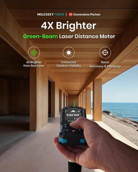 Green Beam Laser Distance Meter S50 showing measurement against wooden corridor with ocean view