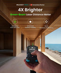 S50 Green Laser Measure Kit With A 10.8 To 32 Inch Adjustable Tripod, Quarter Inch Thread Mount, P2P Alignment, And Dead On Accuracy For DIY, Construction, And Carpentry Projects handheld green laser distance meter measuring a wooden seaside terrace
