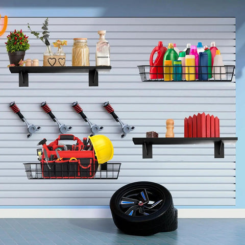 8 Pack Wood Slatwall Shelves With Heavy Duty Metal Brackets For Garage And Home Organization Built Tough As Nails For Everyday Use 23.6 By 11.8 Inches Slatwall Shelf System Durable Wall Mounted Storage Racks with assorted items displayed.