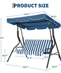 Three Seat Outdoor Porch Swing With Adjustable Canopy For Adults Plush Cushions Sturdy Steel Frame Glider Bench For Backyard Patio Or Garden Cozy Roomy 3 Person Outdoor Swing Chair, dimensions displayed