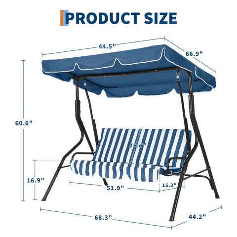 Three Seat Outdoor Porch Swing With Adjustable Canopy For Adults Plush Cushions Sturdy Steel Frame Glider Bench For Backyard Patio Or Garden Cozy Roomy 3 Person Outdoor Swing Chair, dimensions displayed