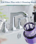 2 Pack Dyson V10 Replacement Filters with 1 Cleaning Brush for V10 Cyclone Series next to sink faucet