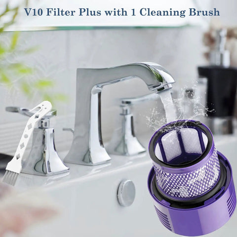 2 Pack Dyson V10 Replacement Filters with 1 Cleaning Brush for V10 Cyclone Series next to sink faucet