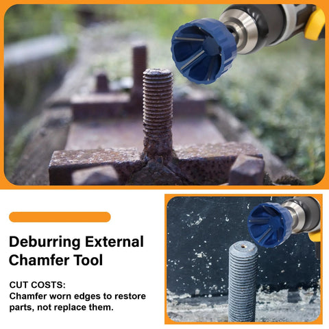 FiLwW external deburring chamfer tool with tungsten carbide bit; blue collet for 1/8–1-3/8 in bolts.