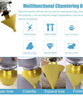 Slick Diamond Beveling Chamfer Bits For Angle Grinders And Electric Drills With Built In Cooling Wax For Dry Tile Ceramic Countersinking Two Pack M10 Adapter Zero Water Hassle Smooth Precision Cutting showing multiple applications.