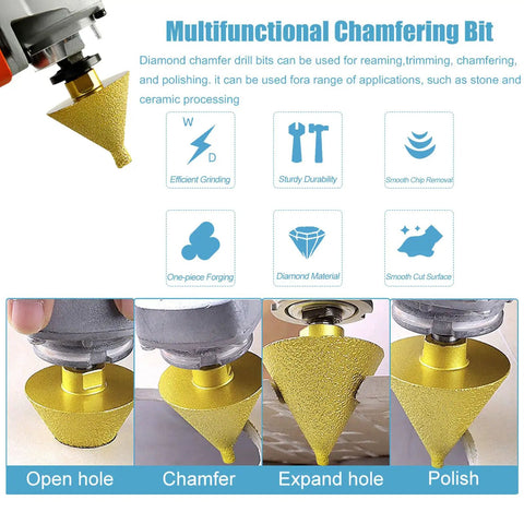 Slick Diamond Beveling Chamfer Bits For Angle Grinders And Electric Drills With Built In Cooling Wax For Dry Tile Ceramic Countersinking Two Pack M10 Adapter Zero Water Hassle Smooth Precision Cutting showing multiple applications.