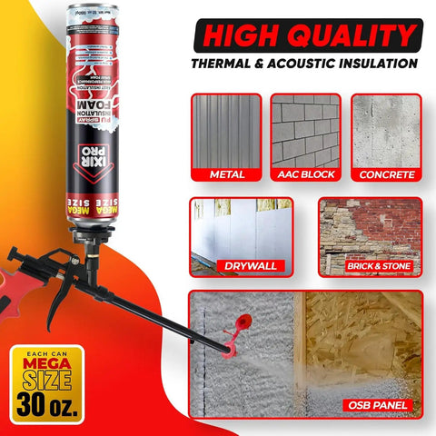 Mega Size Spray Foam Insulation Kit With Eighteen Thirty Ounce Cans Of Expanding Foam Sealant Spray for sealing and insulating various materials.