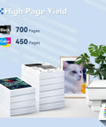 67XL Black And Color Ink Cartridges Combo Pack For DeskJet And Envy Series high-yield, printer with printed pages, plant, photo frame.