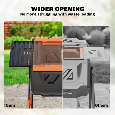Comparative view of wider opening on 53 Gallon Dual Chamber Compost Tumbler With Geared Rotation and Adjustable Vents