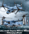 V22 Osprey Military Helicopter Building Blocks Set With 1486 Pieces flying display in stormy sky.