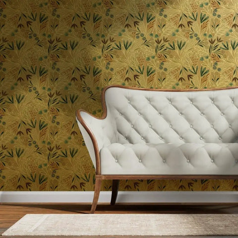 Beige Floral Wallpaper With Luxurious Gold Metallic Finish For Major Interior Glow Up, showcased behind a stylish white sofa.