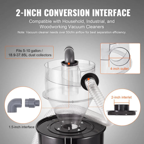 Top Shelf Cyclone Dust Separator With Slick Clear Lid And 4 Inch Adapter For Shop Vacuums Fits 5 To 10 Gallon Tanks, shows connection details.