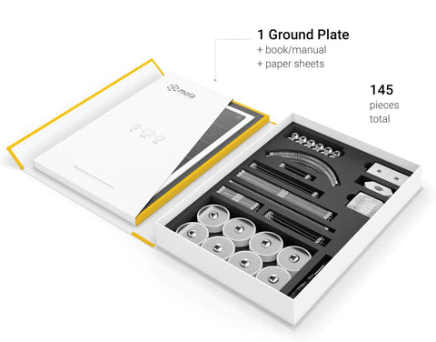 Magnetic Modular Structural Kit 4 for Engineering Education, open box with 145 pieces, manual, and ground plate visible