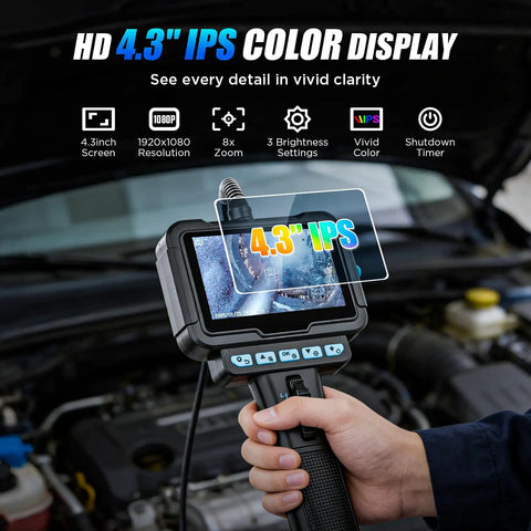Two-Way 210 Degree Articulating Borescope Endoscope With Light 1080P Mechanic Inspection Tool 4.3 Inch IPS Display in use