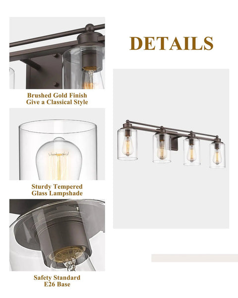 4 Light Vanity Light Fixture In Oil Rubbed Bronze Finish With Clear Glass Cylinders, farmhouse style details view