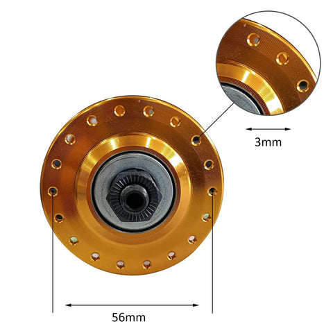 Close-up of gold bicycle hub, 56mm diameter, 3mm thickness, part of Front And Rear 36H Bicycle Hub Set Aluminum Alloy Quick Release Levers Skewers Axle 1 Pair Black For 5 6 7 8 Speed Systems And Ball Bearing Compatibility.