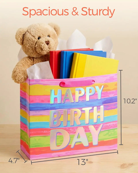 Go To Birthday Gift Bag With Tissue Paper And Card Premium Paper Tote For Kids Women And Moms Gifts 13 By 10.2 By 4.7 Inches