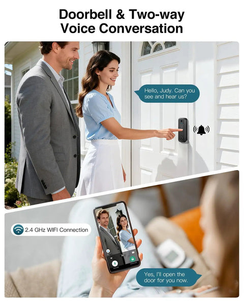 Person using Video Smart Lock with Camera 2K HD, Keyless Entry, Rechargeable Battery, App Control, Fingerprint ID on front door
