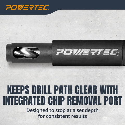Pro Grade Shelf Pin Jig Kit With 1/4 Inch Self Centering Drill Bit displaying integrated chip removal port.