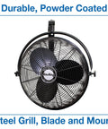Front view of Industrial Grade Wall Mount Fan 20 Inch Black One Sixth Horsepower Three Speed 120 Volt Heavy Duty Fully Enclosed Motor