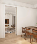 Six Foot Pocket Door Kit With Commercial Grade Sliding Hardware, Aluminum Box Track, 68.75 Inch Long, shown installed in modern dining area