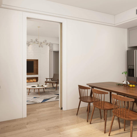 Six Foot Pocket Door Kit With Commercial Grade Sliding Hardware, Aluminum Box Track, 68.75 Inch Long, shown installed in modern dining area