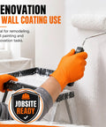 Person using Rock Solid 8 Mil Orange Nitrile Work Gloves 100 Pack Medium Chemical Resistant Disposables for wall painting.