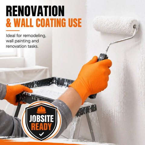Person using Rock Solid 8 Mil Orange Nitrile Work Gloves 100 Pack Medium Chemical Resistant Disposables for wall painting.