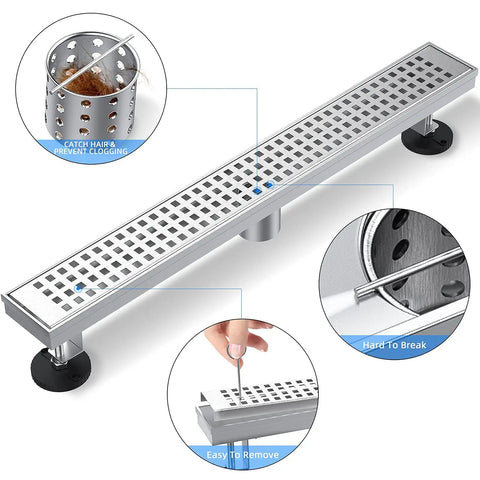 60 Inch Linear Shower Drain In Brushed Nickel V Shaped Large Displacement 304 Stainless Steel Rectangular Floor Drain With Removable Grate