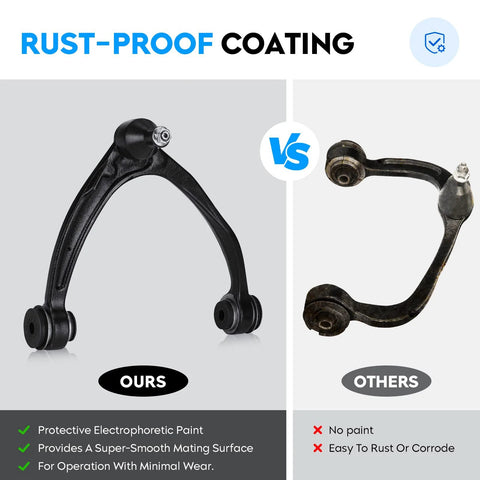 Comparison of rust-proof front upper passenger side control arm with beefed-up ball joint assembly K80670 and corroded alternative