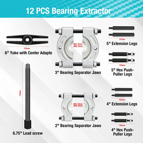Beefy 12 Piece Bearing Puller Set With 5 Ton Capacity and Heavy Duty Flywheel Separator Tool components laid out
