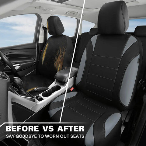 Before and after of waterproof neoprene front seat covers with separate headrest cover, easy slip on quick install, gray.