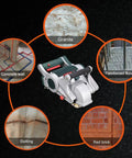 Dust Free Wall Groove Cutter with 9000 RPM motor, shown on granite, reinforced floor, concrete wall, slotting, and red brick surfaces.