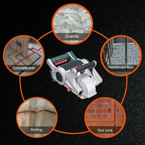 Dust Free Wall Groove Cutter with 9000 RPM motor, shown on granite, reinforced floor, concrete wall, slotting, and red brick surfaces.