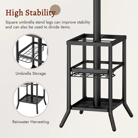 Freestanding Coat Rack With Umbrella Holder And 12 Metal Hooks Three Tier Tree Coat Stand details showing umbrella stand stability