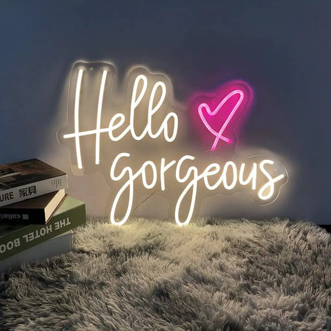 White 'Hello Gorgeous' neon sign with pink heart on gray wall, Pink LED Neon Sign Heart Shape Wall Light For Bedroom Wedding Party Bar And Christmas Decor 23.6 Inch Bright Yet Soft Glow Neon Light That Delivers Cozy Vibe And Fun Gift Idea
