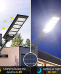 High Power Solar Street Light With Remote, 350W 400 LED Flood Light installed outdoors, showing daytime charging and nighttime lighting.
