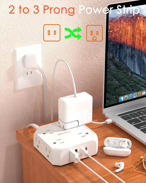 Universal 2 Prong To 3 Prong Outlet Adapter With 5 Foot Cord For Older Home Wiring, powering a laptop and earbuds.